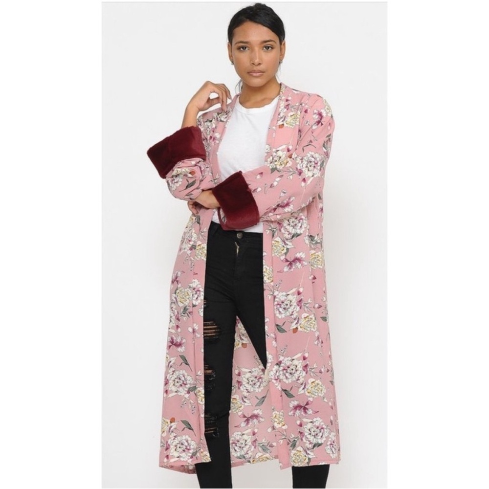 Just...Taylor Pink Floral Long Robe with Burgundy Faux Fur Cuffs
